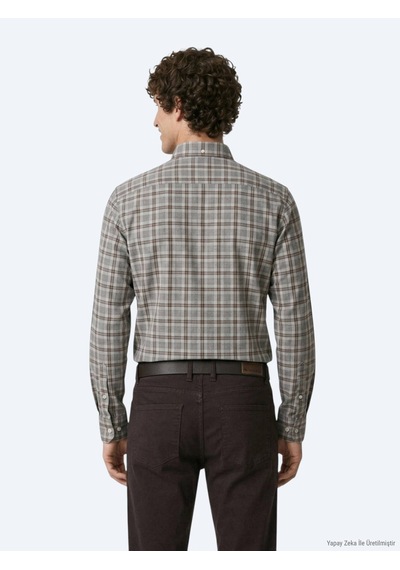 Kip Gri Kareli Regular Fit Uzun Dokuma Casual %100 Pamuk Gömlek