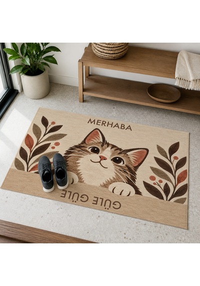 Kartela Halı Merhaba Güle Güle Kedili Kapı Paspası Bej Kaymaz Kauçuk Taban Yıkanabilir 60x90 Cm