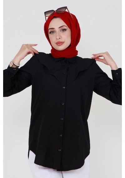 Sevitli Yakası Kat Detaylı Poplin Tunik-siyah-3518-siyah Siyah