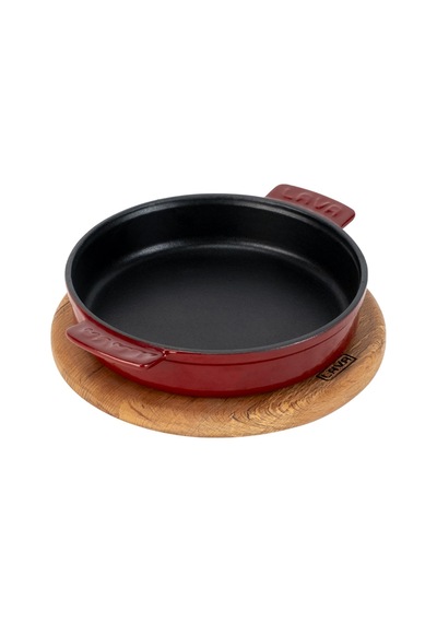 Lava Döküm Yuvarlak Güveç Kabı Döküm Demir Yekpare Çift Kulplu Kayın Servis Ahşabı Çap Ø 14cm. Bordo