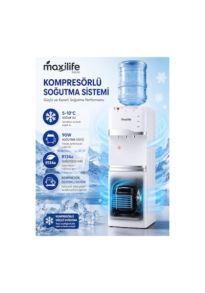 Maxilife PS-SLR-210 Aqua Kompresörlü Su Sebili Sıcak Soğuk Normal Su Alt Dolaplı 3 Musluklu Su Sebili Beyaz