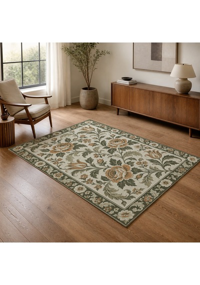 Kartela Halı Vintage Çiçek Bordürlü Halı Adaçayı Yeşili Kaymaz Taban Makinede Yıkanabilir 160x240 Cm