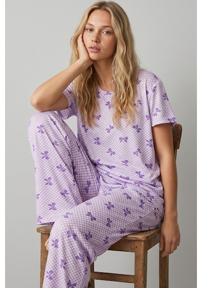 Siyah İnci İnce Soft Örme Mevsimlik Pijama Takımı 8003 Lila Fiyonk