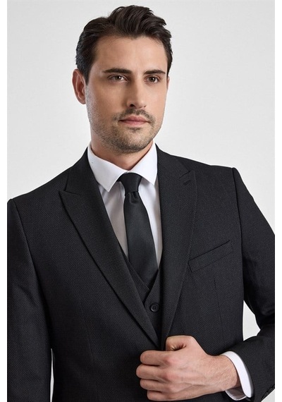 Süvari Siyah Regular Sivri Yaka 4 Drop Yelekli Takım Elbise Tk1015000057-s09