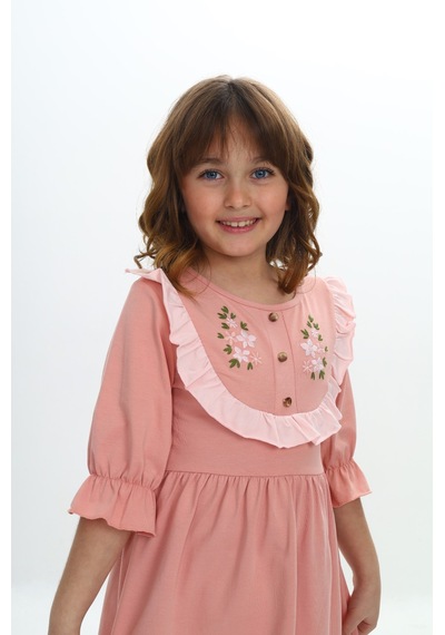 Toontoy Kids Toontoy Kız Çocuk Nakış Desenli Elbise Pudra