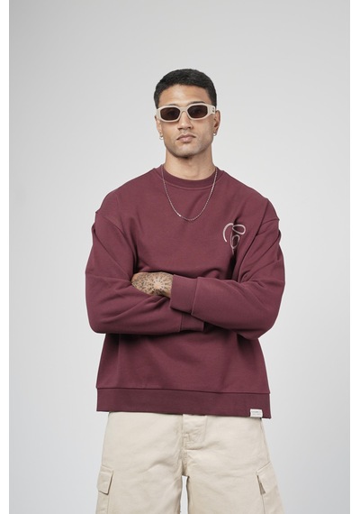 Bisiklet Yaka Baskılı Nakış Detaylı Erkek Sweatshirt Bordo