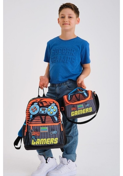 Coral High Kids Erkek Çocuk Gamer Desenli 3 Lü Okul Çanta Seti Gri Turuncu