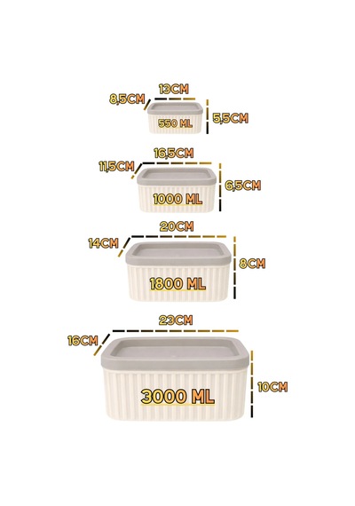 Seiri 4 Lü Erzak Saklama Kabı Seti-krem Gövde Gri Kapak-3000ml-1800ml-1000ml-550ml Krem - Toprak
