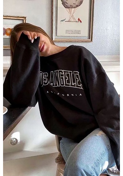 Mad Girls Siyah Baskılı Oversize Kadın Sweatshirt Mg780