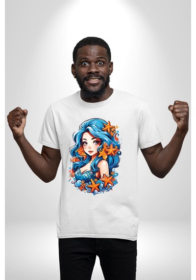 Deniz Kızı Deniz Yıldızı Mavi Saçlı Unisex Unisex Beyaz Organik Baskılı T-shirt Penye Yüksek Kalite Beyaz