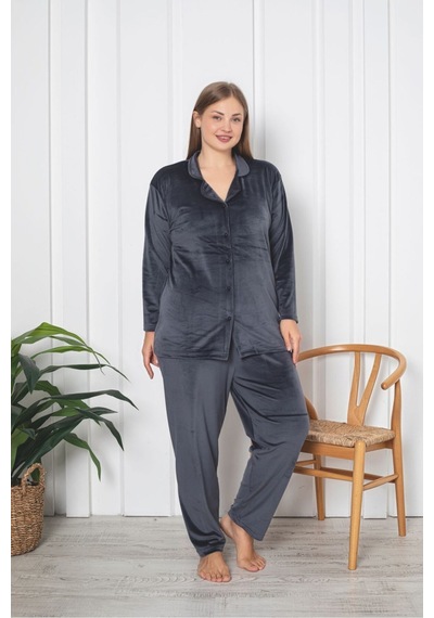 Büyük Beden Boydan Düğmeli Kadife Pijama Takımı Antrasit