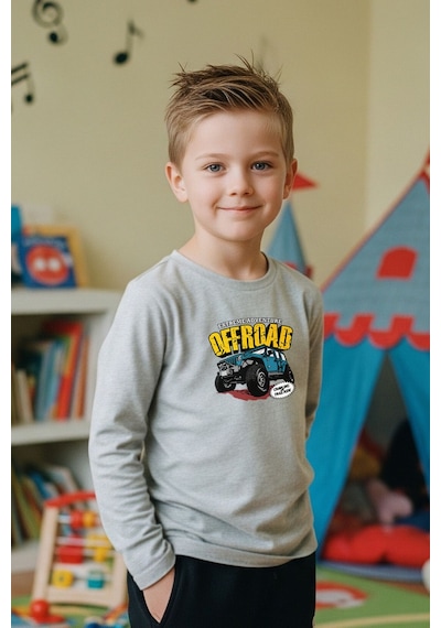 Fyk Kids Sıfır Yaka Off Road Baskılı Erkek Çocuk Sweatshirt Gri