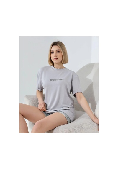 Kadın Bisiklet Yaka Baskılı Slim Fit T-shirt - Boyalı Gri