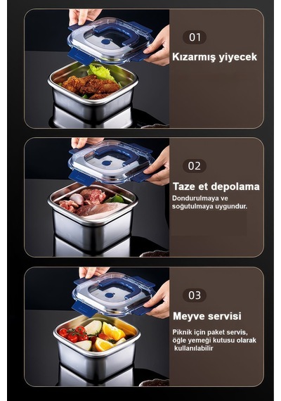 Chavin Çelik 1250 Ml Kilitli Yemek Meyve Et Buzdolabı Beslenme Saklama Kabı Mt106 Gri