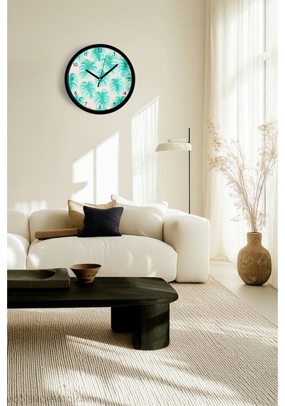 Palmiye Modern Tasarım Duvar Saati - 25cm - Önü Camlı Siyah Kasa - Sessiz Mekanizma-jh0398 Siyah