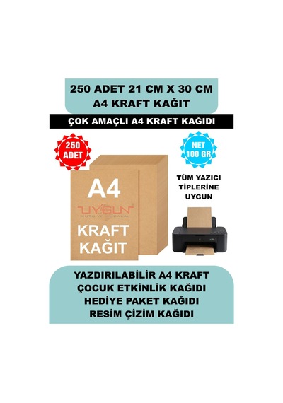 250 Adet A4 Kraft Kağıt 21x30 100 Gr. Yazıcı Uyumlu, Vintage Resim Kağıdı, Çocuk Etkinlik Kağıdı
