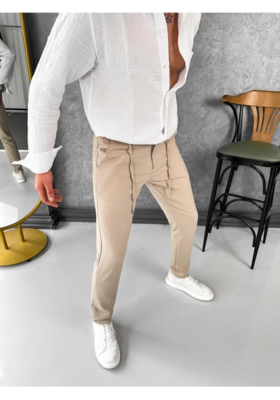 Modefendi İp Ve Düğme Detaylı %100 Gofre Kumaş Jogger Pantolon Krem