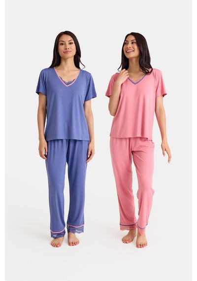 Amarelle Dream Mavi/pembe V Yaka Dantel Detaylı 4 Parça Pijama Takım Set Mavi/pembe
