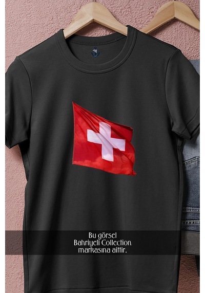 Bahriyeli Collection Oversize İsviçre Bayrağı Tasarımlı Unisex T-shirt Siyah