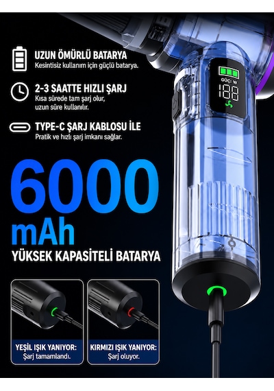 20000pa 6000mah 100w Lcd Ekranlı Led Işıklı Kablosuz Araç İçi Süpürge 2x Hepa Filtreli Mini El Süpürgesi Gri