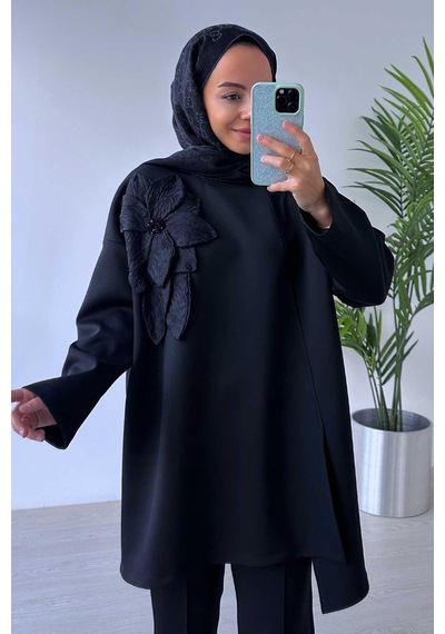 Kahijab Çiçekli Asimetrik Kesim Scuba Takım - Siyah Siyah