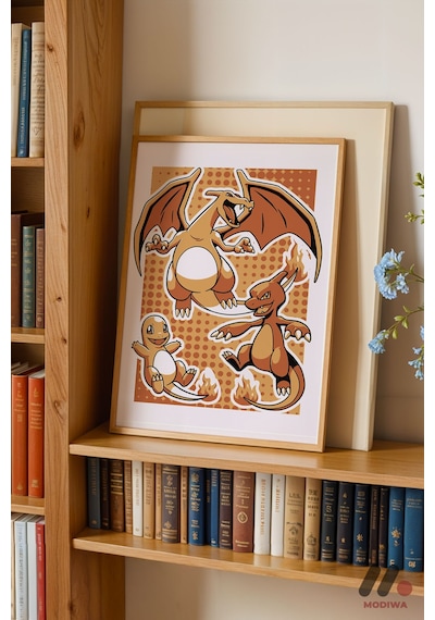 Pokemon Charmander Evrim Poster, Ahşap Çerçeveli Duvar Tablosu - Anime Severlere Özel Hediye