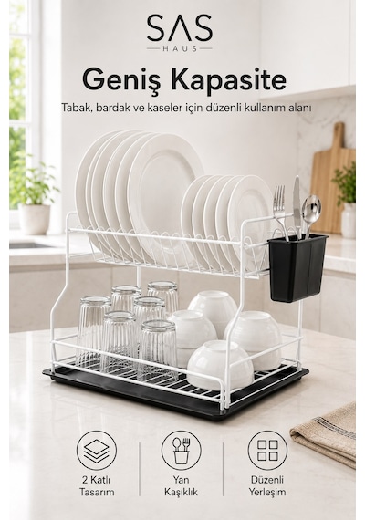 Sas Haus   2 Katlı Metal Bulaşıklık Kaşıklıklı Ve Damlalıklı Tezgâh Üstü Bulaşık Kurutmalık Dtb-02 Beyaz