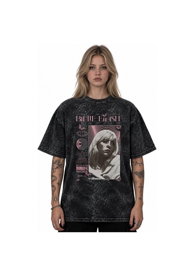 Sevbano Billie Eilish Şarkıcı Baskılı Unisex Oversize Vintage Retro Yıkam Siyah