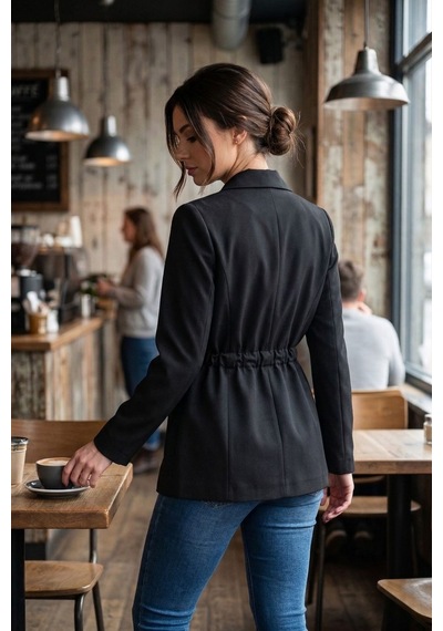Armonika Kadın Siyah Beli Büzgülü Bağlamalı Oversize Ceket Arm-26y001082