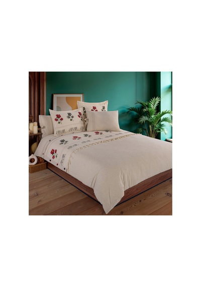 Gül Desen 200x220 Pamuk-keten Çift Kişilik Taş Baskı Nevresim Takımı Krem - 747908355 Krem