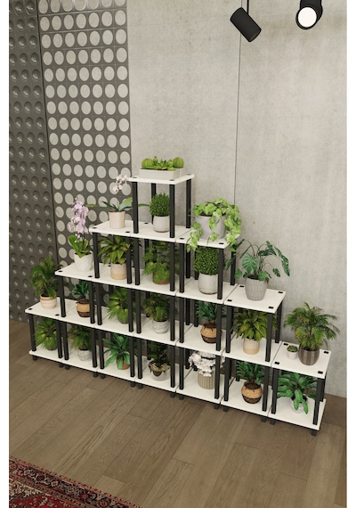 Athena Çok Katlı Basamak Saksılık Çiçeklik Standı Dekoratif Modüler Bitki Rafı-beyaz Beyaz