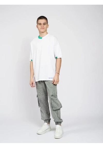 Marions Çocuk Basic Yaka Detaylı Oversize T-shirt-15955 Beyaz