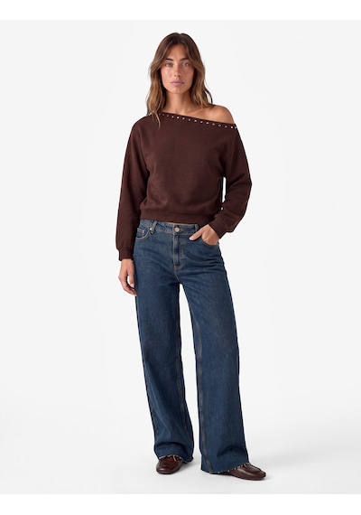 Koton Uzun Kollu Zımba Detaylı Asimetrik Kayık Yaka Omzu Açık Sweatshirt Kahverengi 7wak10064ek Kahve