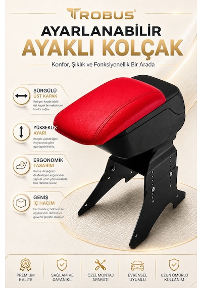 Trobus Mazda 3 2003-2013 Uyumlu Kırmızı Ayaklı Sürgülü Kolçak Ayarlanabilir Yükseklikli
