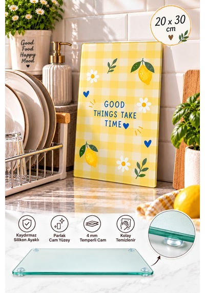 Gökçeoğlu Cam Kesme Tahtası Sarı Beyaz Kareli Limon Temalı - Cam Kesme Tablası 20cm X 30cm Çok Renkli