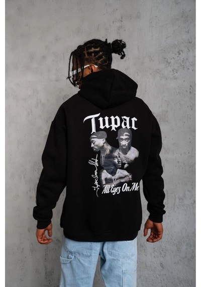 Erkek Kapüşonlu Kanguru Cepli Sweatshirt 3 İplik Pamuklu Baskılı Hoodie - Siyah