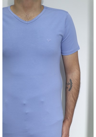 Santa Dmctekstil Erkek Düz Spor Kesim Dar Kalıp V-yaka T-shirt Mavi