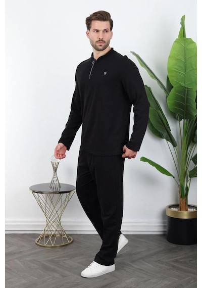Madmext Siyah Düğmeli Yaka Erkek Pijama Takımı E7333 Siyah