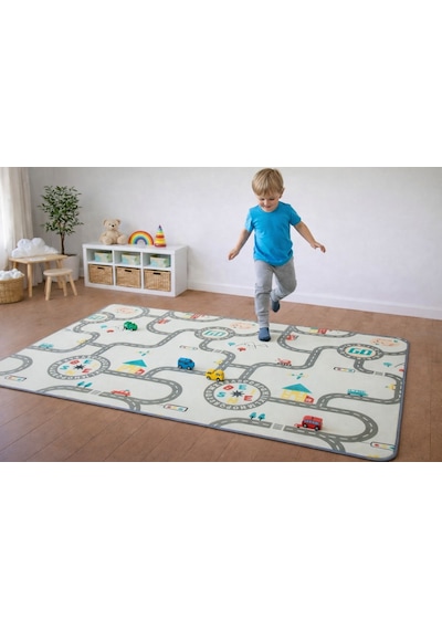 Pureza Çift Taraflı Rulo Oyun Matı 200CMX140CMX1CM Kaymaz, Darbe Emici, Su Geçirmez, Yeşil Parkur/Araba Yarışı | (Yerli Üretim)