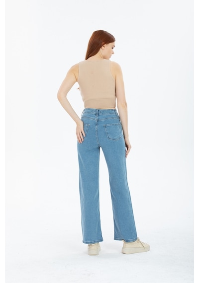90's Kar Yıkama Kar Mavi Likralı Süper Yüksek Bel Wide Leg Salaş Jeans Palazzo Pantolon