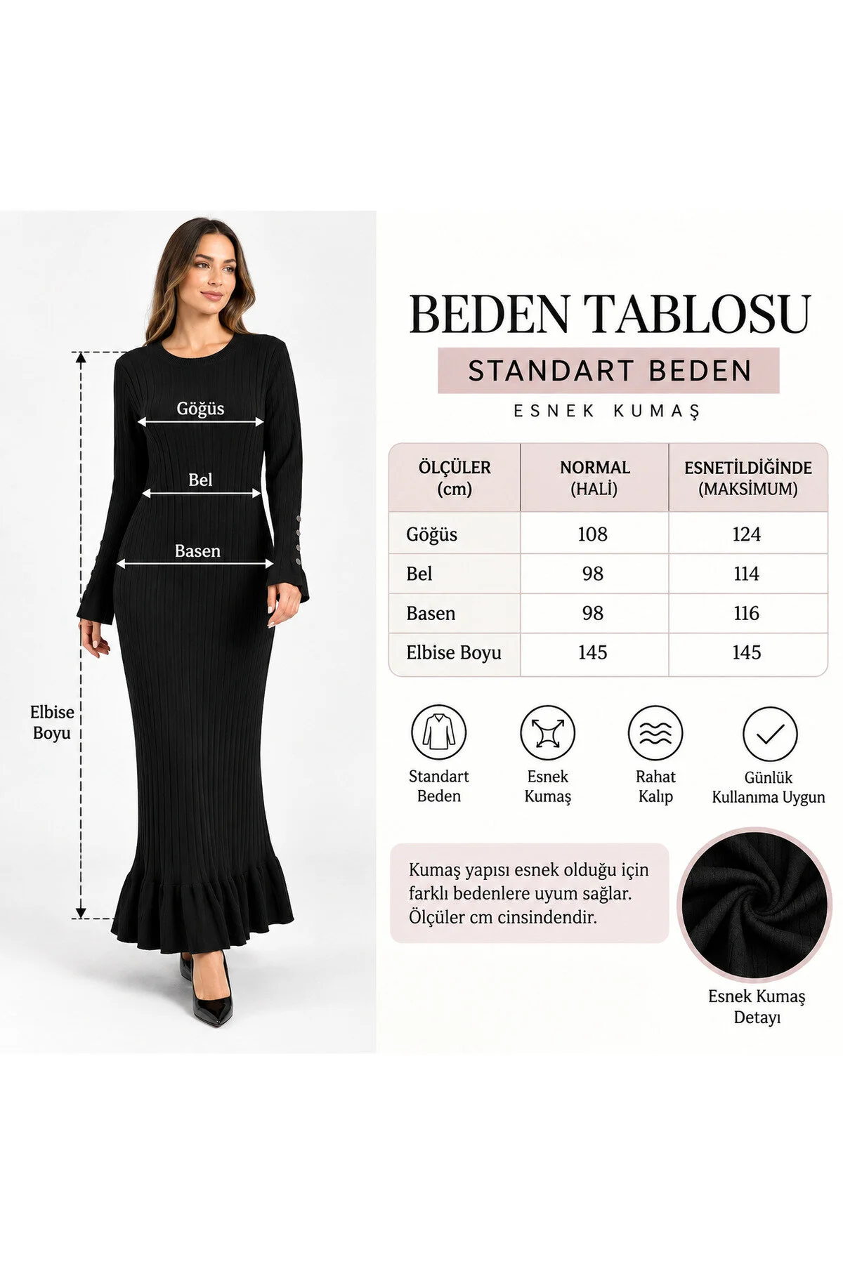 Neco Giyim Kadın Fitilli Triko Elbise Uzun Kollu Volanlı Etek Detaylı Siyah
