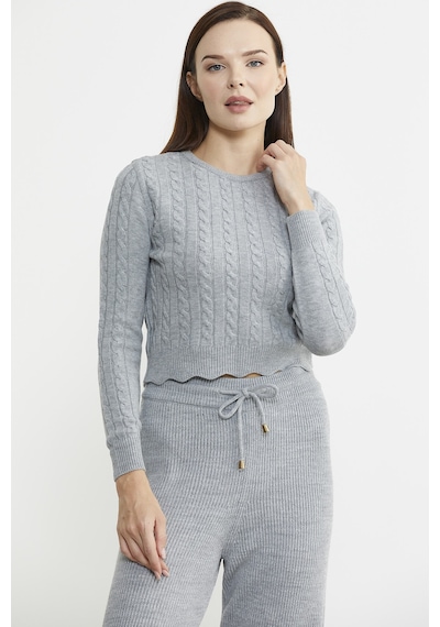 Sementa Saç Örgü Dilimli Crop Triko Kazak - Gri 001