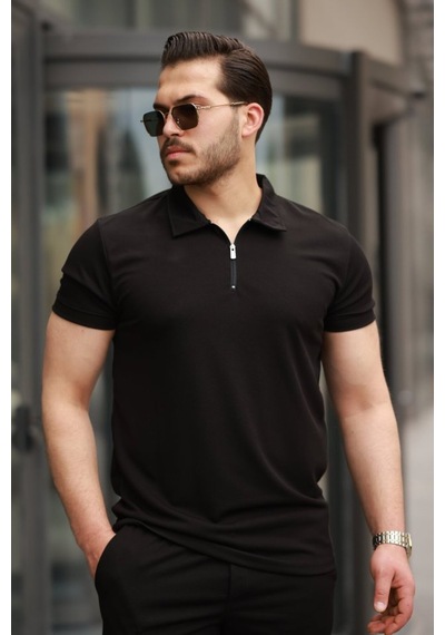 Butik İstanbul Erkek Yakalı Fermuarlı T-shirt Şort Ikili Takım Siyah