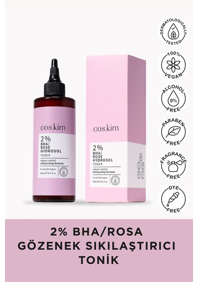 %2 Bha Gül Hidrosol Tonik 250 Ml Gözenek Sıkılaştırıcı, Akne Ve Siyah Nokta Karşıtı Yağ Dengeleyici