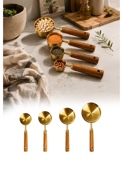 4lü Set Ml Ahşap Saplı Gold Kahve Ölçü Kaşığı Paslanmaz Çelik Kahve Çay Mama Ölçme Kaşığı Altın