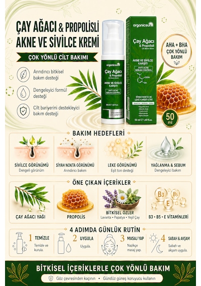 Organicsun Çay Ağacı Ve Propolisli Akne Ve Sivilce Karşıtı Cilt Bakım Kremi Siyah Nokta Ve Leke Görünümü Bakımı 50 Ml
