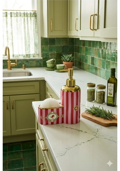Kuş Motifli Gold Detaylı Çizgili Porselen Sıvı Sabunluk + Bulaşık Süngeri + Süngerlik Seti 500 Ml 20 X 15 X 7 Cm Kırmızı - Pembe - Gold