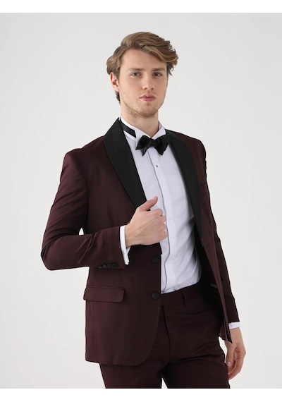 Dufy Bordo Erkek Slim Fit Sivri Yaka Smokin Takım - 92433 Bordo