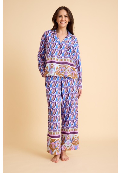 Amarelle Liberty Mor Desenli Gömlek Yaka Pijama Takımı-önden Düğmeli, Viskon