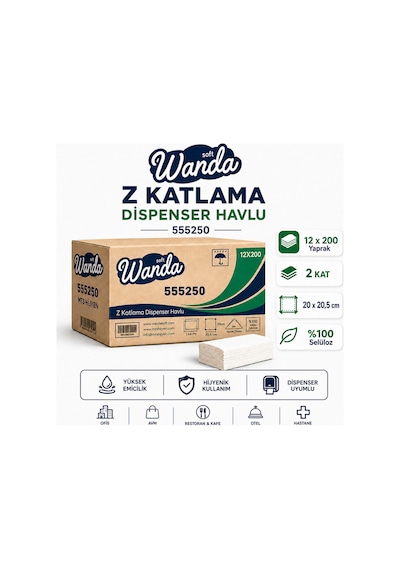 Z Katlama Kağıt Havlu 20x20,5 Cm 12'li X 200 Yaprak 2 Kat %100 Selüloz Dispenser Uyumlu